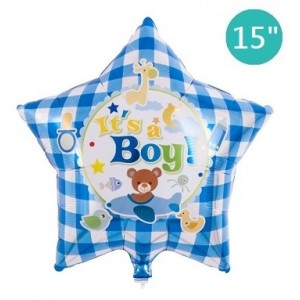Ibrex 15"Foil/ Star-It's A Boy Bear Gingham Blue (Non-Pkgd.), TKF15SI313252